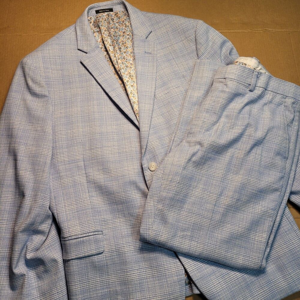 Egara Mens Suit Skinny Fit 48R Jacket 38x30 Pants Blue White Woven Tweed Floral